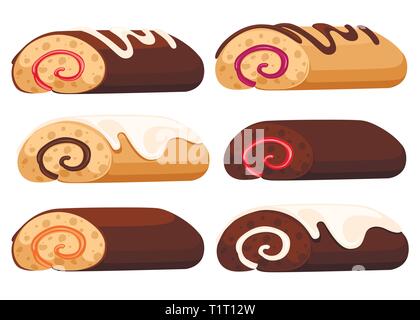 Sweet roll cake. Chocolate swiss roll. Collection of cakes. Flat vector illustration isolated on white background. Stock Vector