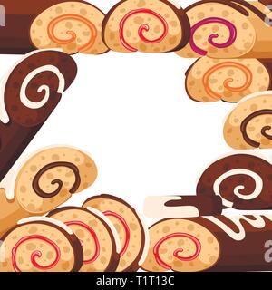 Sweet roll cake pattern. Chocolate swiss roll. Collection of cakes. Flat vector illustration on white background. Stock Vector