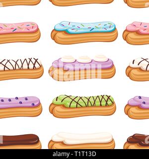 Seamless pattern. Sweet and yummy cream eclair dessert. Choux pastry filled with cream. Flat vector illustration on white background. Dessert set. Stock Vector