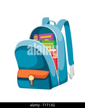 Colorful opened school bag with books. Backpack with zippers. Cartoon design. Flat vector illustration isolated on white background. Stock Vector