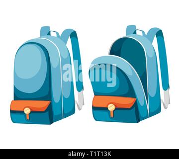 Colorful opened and closed school bags. Empty rucksack. Backpack with zippers. Cartoon design. Flat vector illustration isolated on white background. Stock Vector