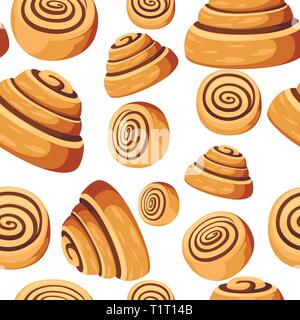 Seamless pattern. Bun with cinnamon. Freshly baked sweet cake. Baked pastry item. Flat vector illustration on white background. Stock Vector
