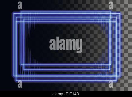 Neon style abstract rectangular frame. Blue effect frame. Glittering, glowing border. Illustration on transparent background. Stock Vector