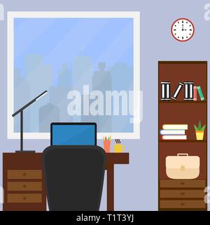 A desktop with a laptop and a desk lamp in the office. Flat design icons Stock Vector