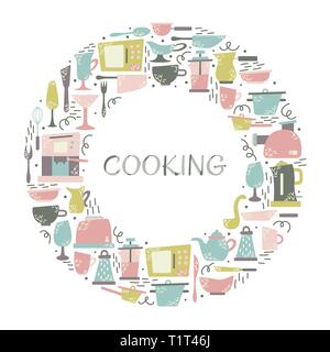 Kitchen appliances in the flat style with doodles. Utensils for cooking. Round frame with a place for text. Stock Vector