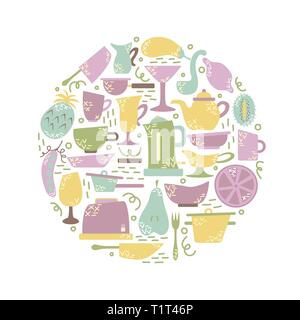 Kitchen appliances in the flat style with doodles. Utensils for cooking. Round shape. Stock Vector