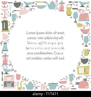 Kitchen appliances in the flat style with doodles. Utensils for cooking. Round frame with a place for text. Stock Vector