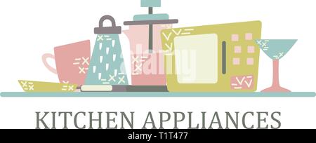 Kitchen appliances in the flat style with doodles. Utensils for cooking. Isolated vector Stock Vector