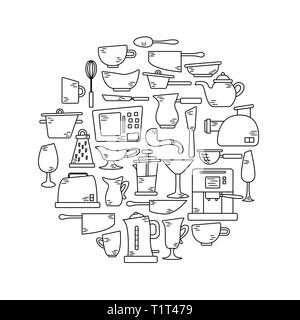 Kitchen appliances in lines with doodles. Utensils for cooking. Round shape. Stock Vector