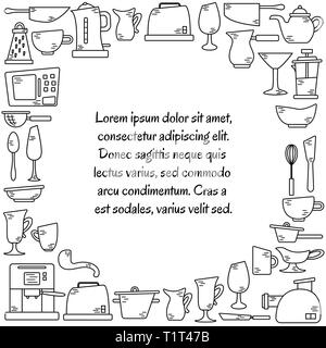 Kitchen appliances in lines with doodles. Utensils for cooking. Round shape with a place for text Stock Vector