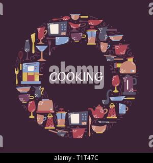 Kitchen appliances in the flat style with doodles. Utensils for cooking. Round frame with a place for text. Stock Vector