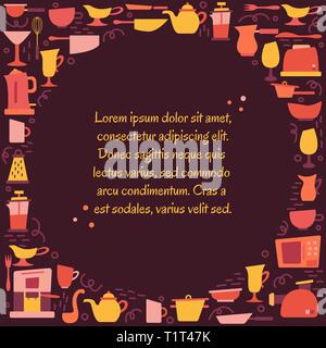 Kitchen appliances in the flat style with doodles. Utensils for cooking. Round frame with a place for text. Stock Vector
