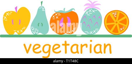 Flat fruits in cartoon style with doodles. Vegetarian, vegan. Vector illustration. Stock Vector