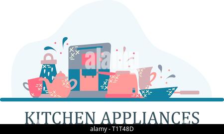 Kitchen appliances in the flat style with doodles. Utensils for cooking. Isolated vector Stock Vector