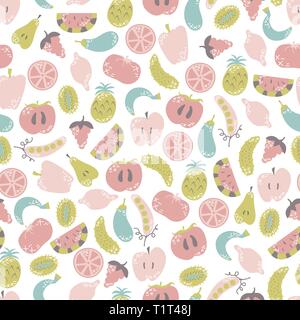 Vegan seamless pattern. Flat fruits and vegetables in cartoon style with doodles. Vegetarian. Vector illustration. Stock Vector