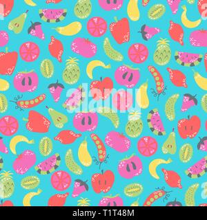 Vegan seamless pattern. Flat fruits and vegetables in cartoon style with doodles. Vegetarian. Vector illustration. Stock Vector