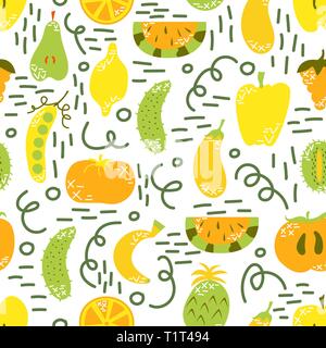 Vegan seamless pattern. Flat fruits and vegetables in cartoon style with doodles. Vegetarian. Vector illustration. Stock Vector