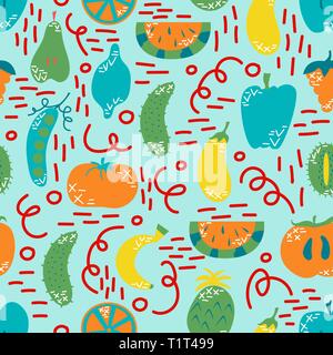 Vegan seamless pattern. Flat fruits and vegetables in cartoon style with doodles. Vegetarian. Vector illustration. Stock Vector