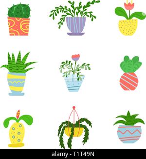 Flat house plants in a cartoon style. Set of flowers in pots. Interior. Vector illustration. Stock Vector