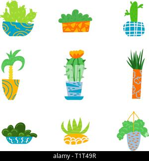 Flat house plants in a cartoon style. Set of flowers in pots. Interior. Vector illustration. Stock Vector