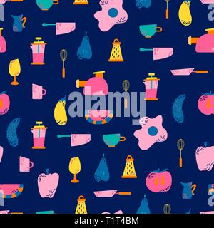 Seamless pattern with kitchen appliances in a flat cartoon style. Background for design. Cooking Stock Vector