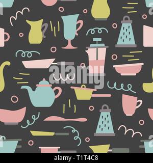Seamless pattern with kitchen appliances in a flat cartoon style. Background for design. Cooking Stock Vector
