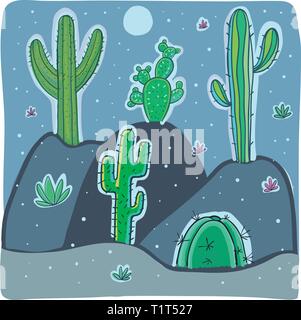 Hand drawn vector illustration or drawing of some cactus plants on a night desert background Stock Vector