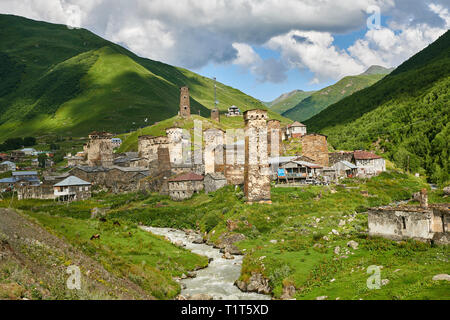 Stone medieval Svaneti tower houses of Chazhashi, Ushguli, Upper Svaneti, Samegrelo-Zemo Svaneti, Mestia, Georgia. Chazhashi is the main village of a  Stock Photo