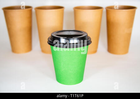 Different colored coffee cups isolated on a white background. Stock Photo