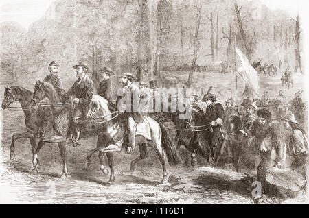 The flight of president Jefferson Davis and his ministers over the Georgia Ridge, five days before his capture in 1865.  Jefferson Finis Davis, 1808 – 1889.  American politician, the only President of the Confederate States from 1861 to 1865.  From The Illustrated London News, published 1865. Stock Photo