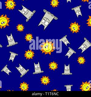 Seamless pattern of cats and suns in cartoon style. On color background, vector illustration. Stock Vector