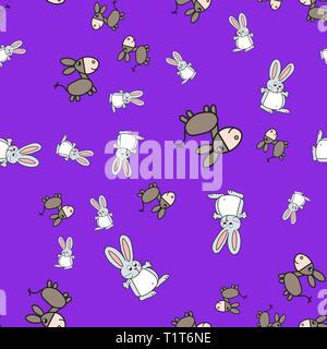 Seamless pattern of bunnies and donkeys in cartoon style. On color background, vector illustration. Stock Vector
