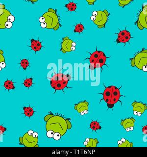 Seamless pattern of frogs and ladybugs in cartoon style. On color background, vector illustration. Stock Vector