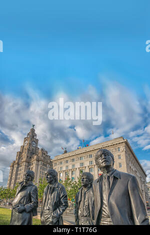 The Beatles,Statue,Pier Head,Liver Building,Liverpool Waterfront,Liverpool,Lancashire,England,UK Stock Photo