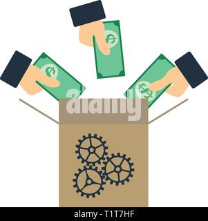 Crowdfunding Icon. Hands Put Money in Crowdfunding Box. Flat color design. Startup series. Vector illustration. Stock Vector