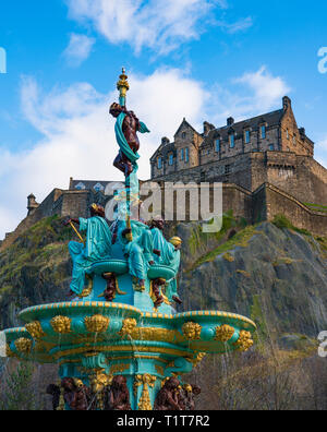 Ross Fountain in original colours after 2018 renovation with Edinburgh Castle to rear in Princes Street Gardens, Edinburgh, Scotland ,UK Stock Photo