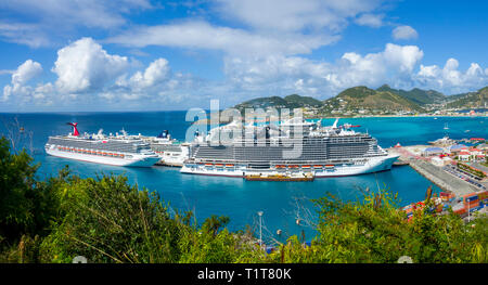 Carnival and Msc Seaside super Cruise ships at the port of St. John's Antigua is the capital and largest city of Antigua and Barbuda, located in the W Stock Photo