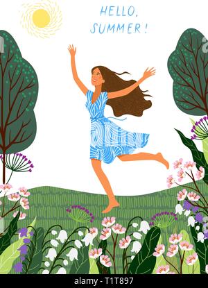 Hello summer. Running joyful girl on the white background. Cute vector illustration. Stock Vector