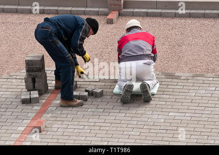 two workers putting down concrete pavers on a sidewalk Stock Photo