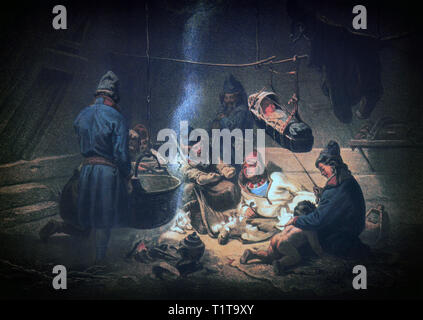 The inside of a hut, or tent, of  the Sámi people (also Saami), the indigenous people of northern Europe inhabiting Sápmi, in northern Sweden. The traditional Sámi lifestyle, dominated by hunting, fishing and trading, was preserved until the Late Middle Ages, when the modern structures of the Nordic countries were established. Stock Photo