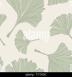 Ginkgo Biloba Botany Plant, Line art Pale Sage Colored Leaves on Ivory Background. Health Monochrome Pattern. Ayurvedic Medicine Theme. Vector Illustration for Wallpaper or Textile Design Stock Vector