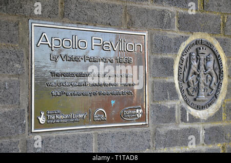 Plaque on the Apollo Pavilion (Pasmore Pavilion) by architect Victor Pasmore, Peterlee, County Durham, England, February 2019 Stock Photo