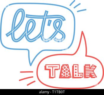 Doodle illustration of colorful dialog speech bubbles with icons and text lets talk on white background. Safety communication technology concept. Thin Stock Vector
