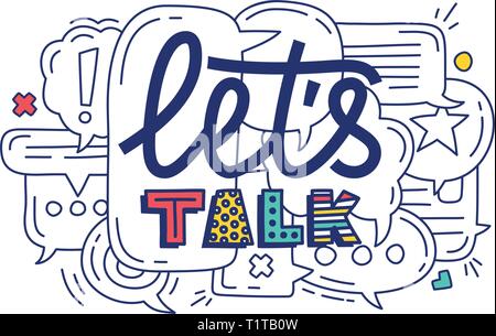 Doodle illustration of colorful dialog speech bubbles with icons and text lets talk on white background. Safety communication technology concept. Thin Stock Vector