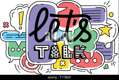 Doodle illustration of colorful dialog speech bubbles with icons and text lets talk on white background. Safety communication technology concept. Thin Stock Vector