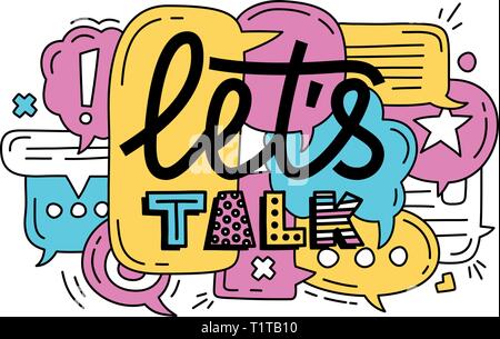 Doodle illustration of colorful dialog speech bubbles with icons and text lets talk on white background. Safety communication technology concept. Thin Stock Vector