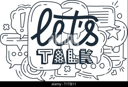 Doodle illustration of colorful dialog speech bubbles with icons and text lets talk on white background. Safety communication technology concept. Thin Stock Vector