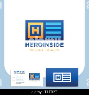 Hero simple H letter logo in square and flag template with business card Stock Vector