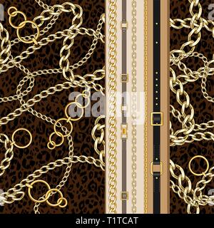 Seamless pattern with belts and chain fashion leopard background for fabric. Trendy repeating border print. Stock Vector