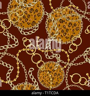 Seamless pattern with gold chain on brown background for fabric. Trendy repeating fashion print. Stock Vector